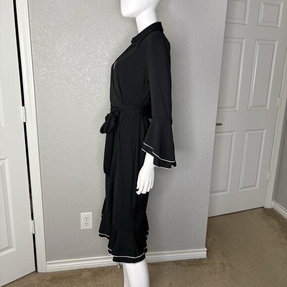 Vintage 90s Express Wrap Midi Dress Ruffle Bell Sleeves Whimsigoth Black Size 10 - Picture 3 of 6